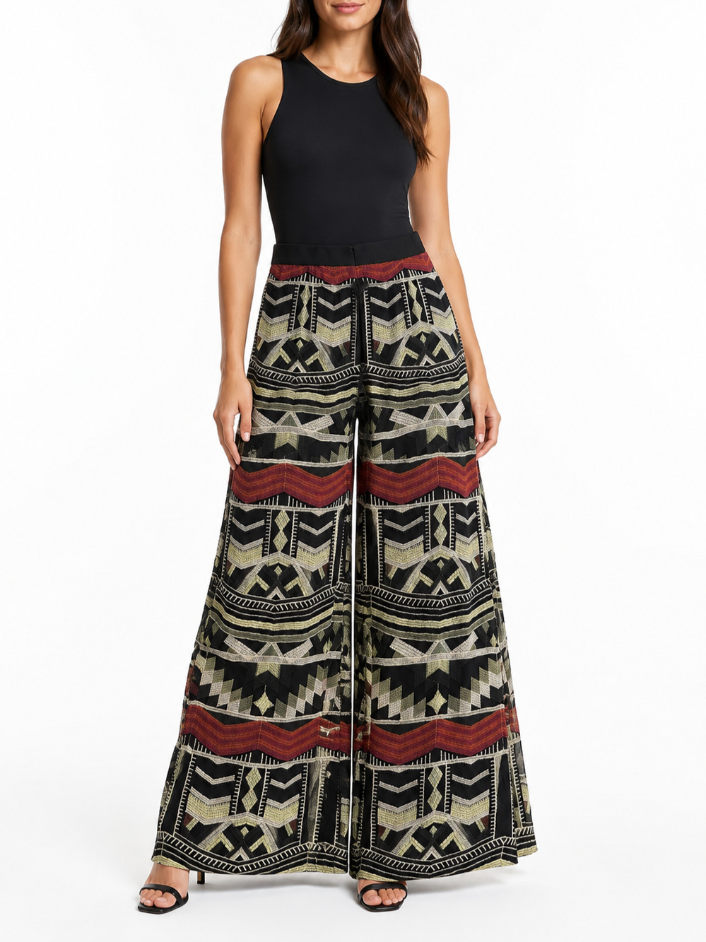 ALEXIS Womens L Embroidered Wide Leg Palazzo Pants Black Multicolor Boho NWOT